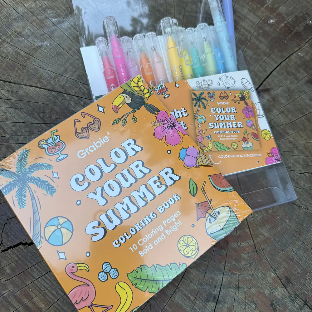 Acrílico Punta fina, Summer,  12 colores + libro de colorear, Grabie.