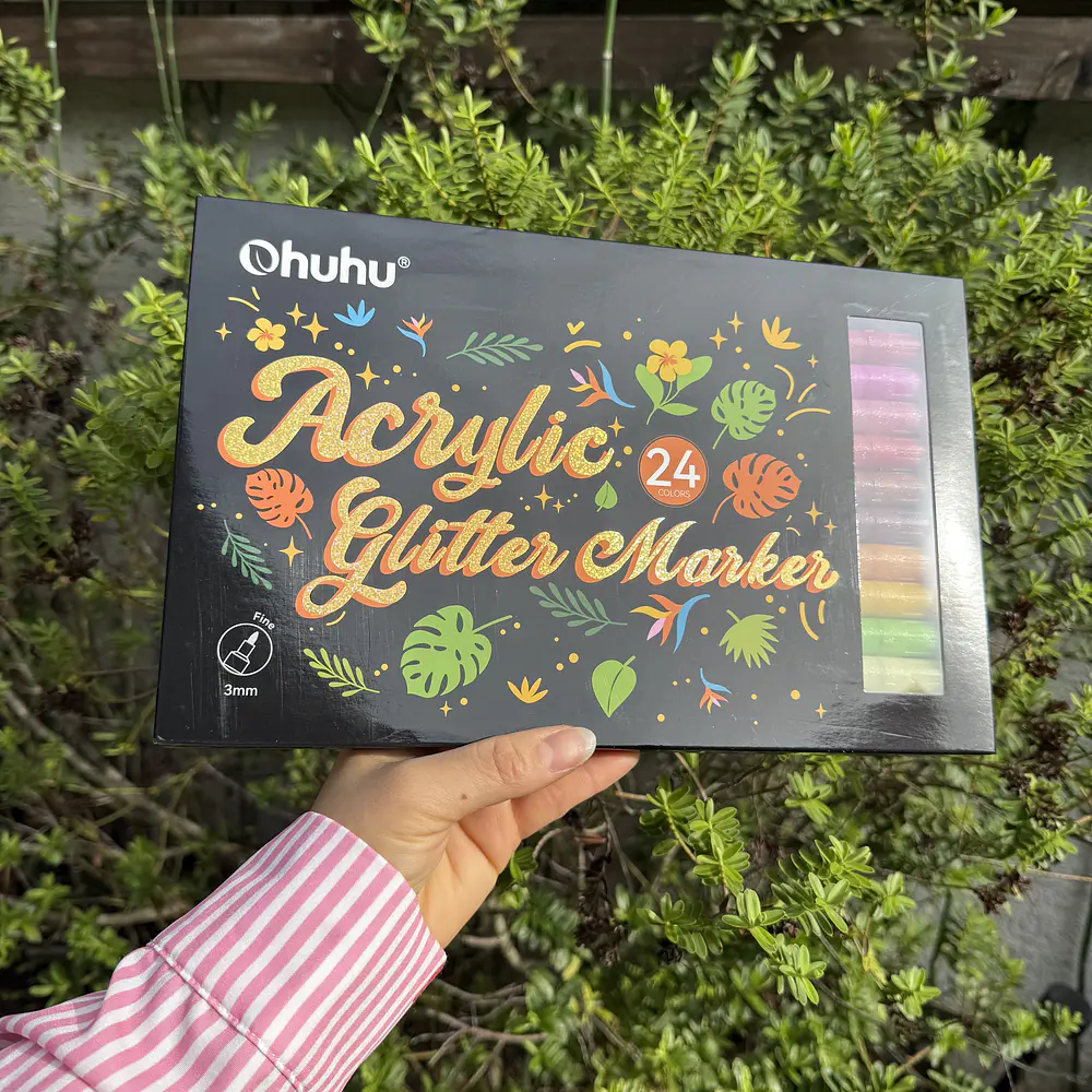 24 marcadores glitter metálicos, OHUHU, punta gruesa 3.0mm.