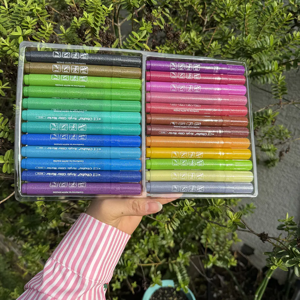 24 marcadores glitter metálicos, OHUHU, punta gruesa 3.0mm.