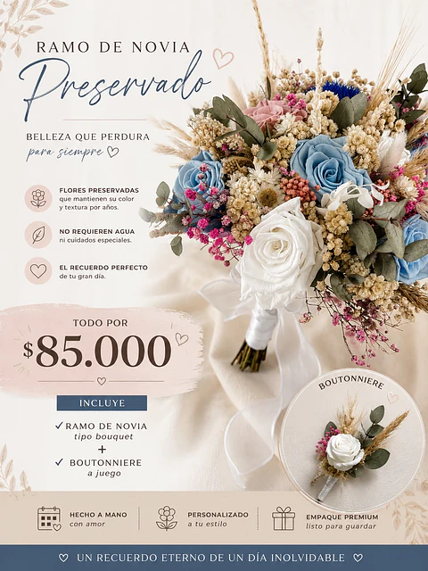 Pack Preservado. Ramo de novia + Ramo de soltera - Boutonniere.