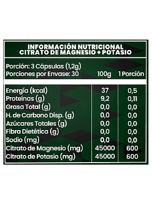 Citrato de Magnesio + Citrato de Potasio en 90 Cápsulas de 400mg