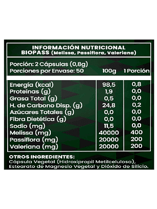 Biopass Relax 100 Cápsulas 800mg 100% Natural 