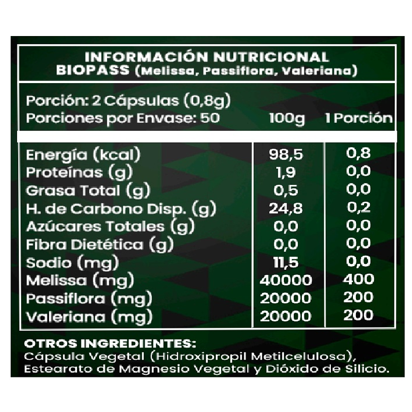 Biopass Relax 100 Cápsulas 800mg 100% Natural 