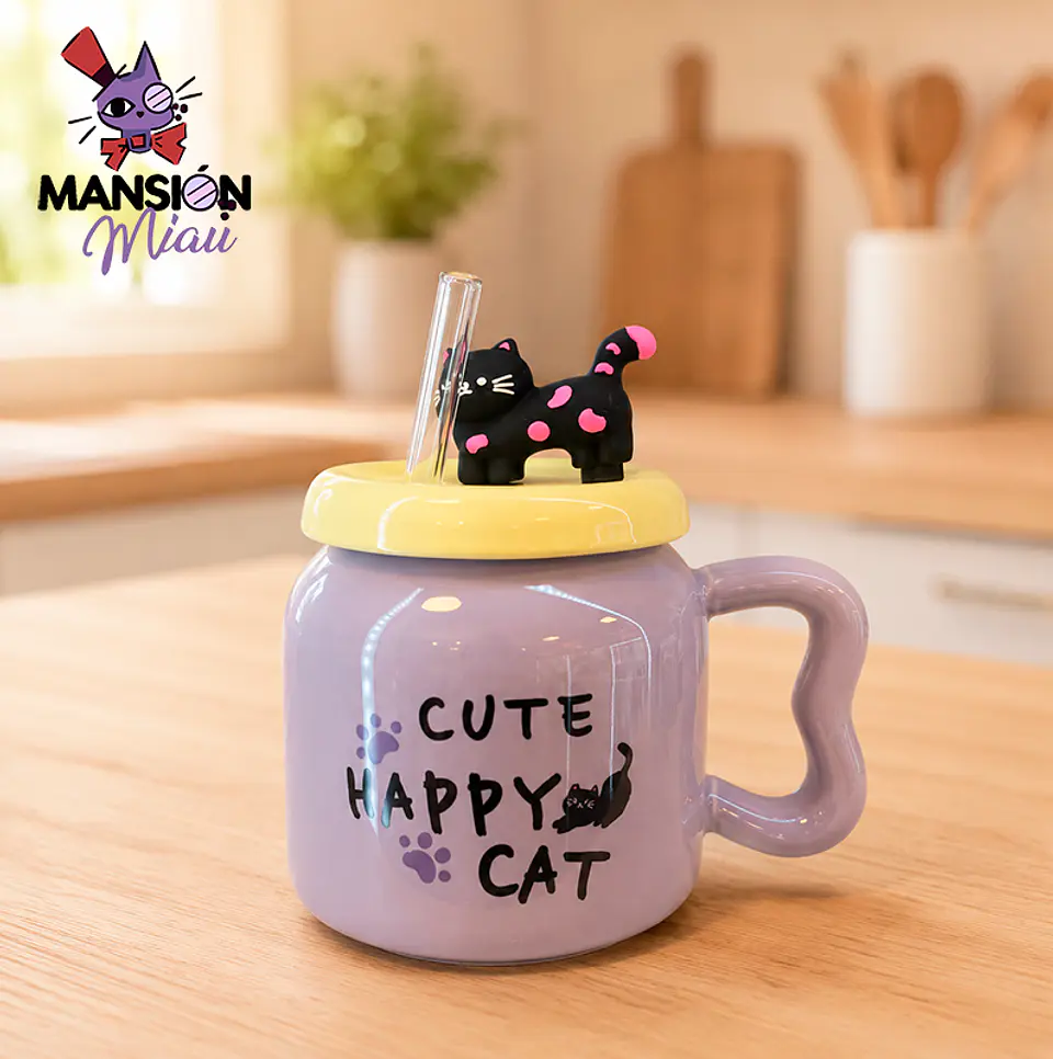 TAZÓN CON TAPA Y BOMBILLA GATO NEGRO CON PUNTOS 3D 4
