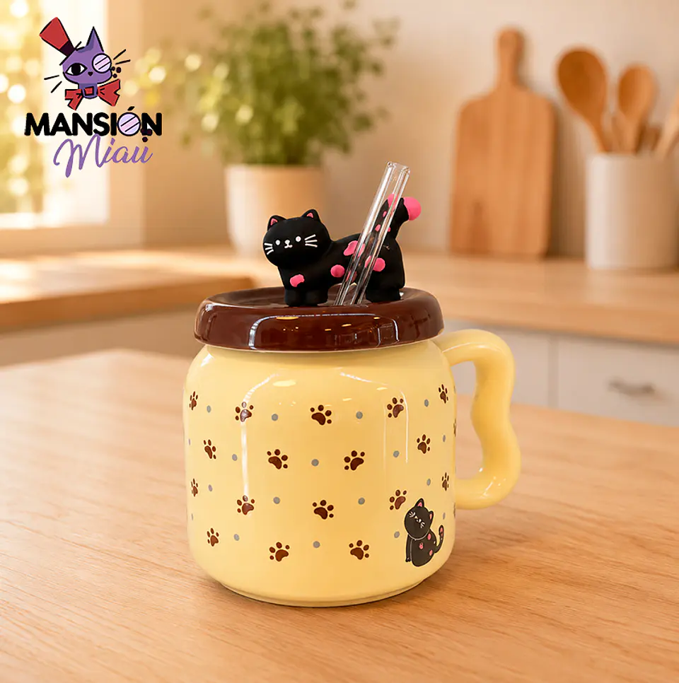 TAZÓN CON TAPA Y BOMBILLA GATO NEGRO CON PUNTOS 3D 5