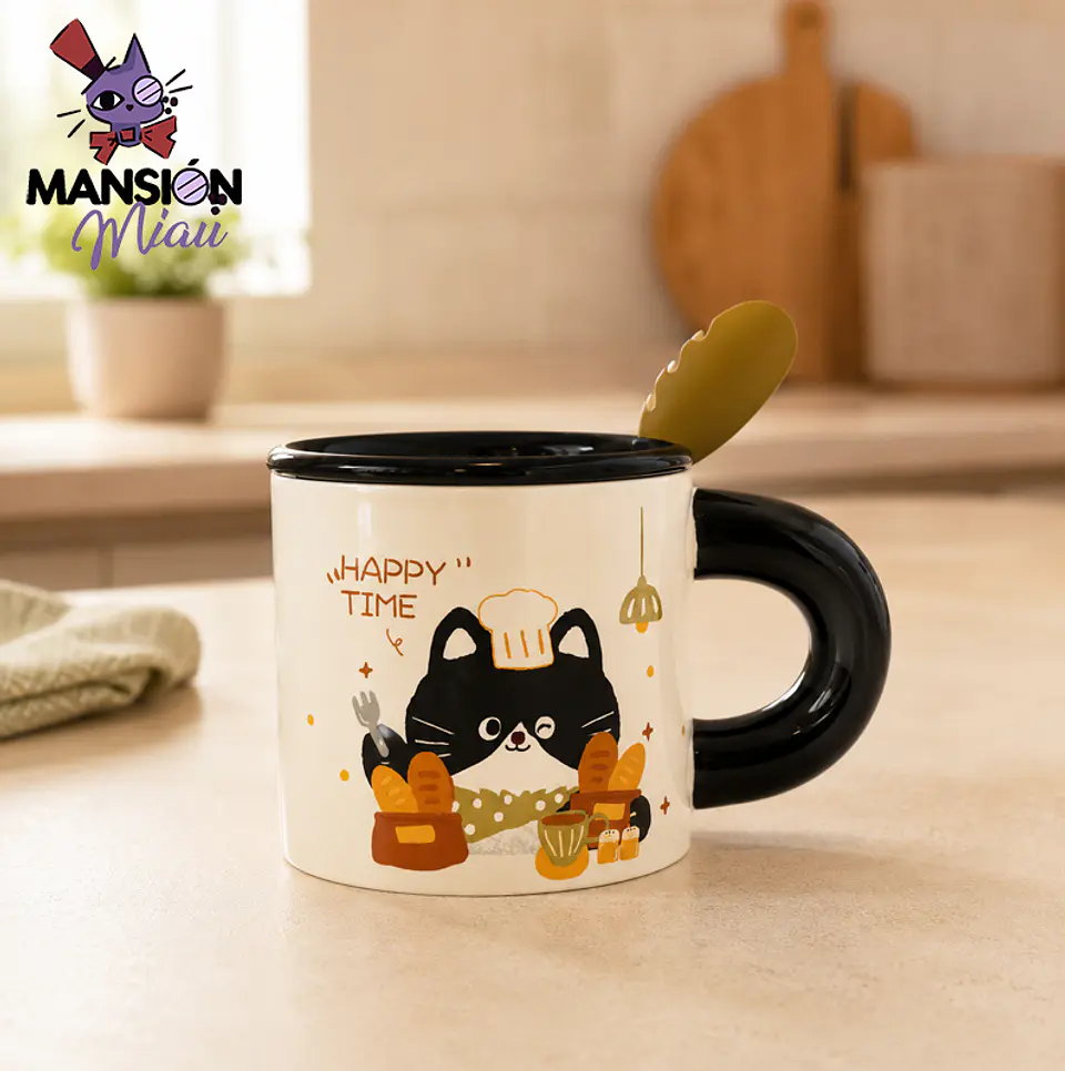 TAZÓN DE GATO TUXEDO CON TAPA Y CUCHARA  3
