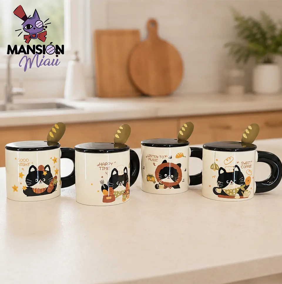 TAZÓN DE GATO TUXEDO CON TAPA Y CUCHARA  1