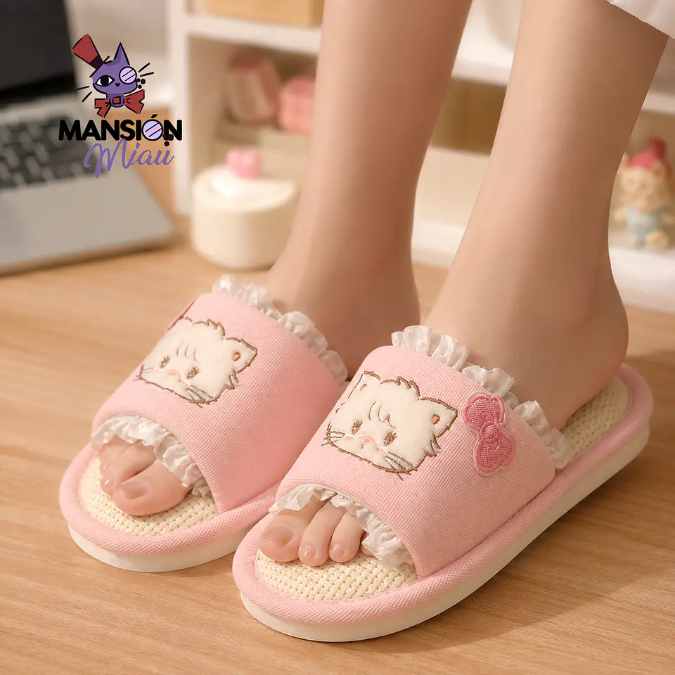 PANTUFLA ABIERTA ROSADA GATITA BLANCA 1