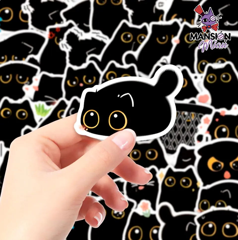 CAJA 60 STICKERS GATO NEGRO CUTE 1