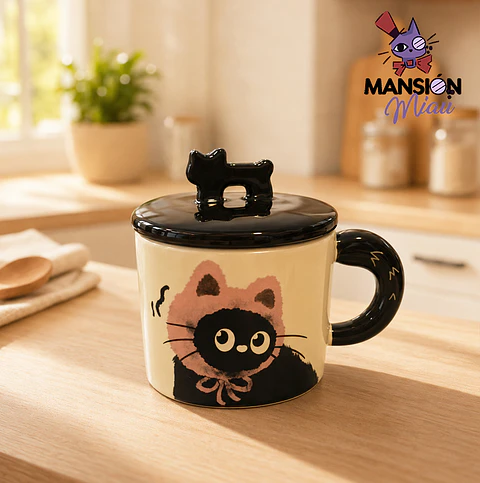 TAZA DE CERAMICA GATO NEGRO CON TAPA 