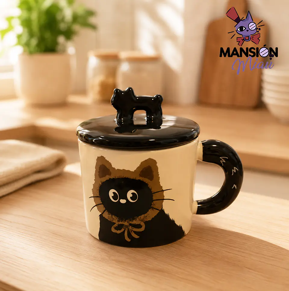 TAZA DE CERAMICA GATO NEGRO CON TAPA  3