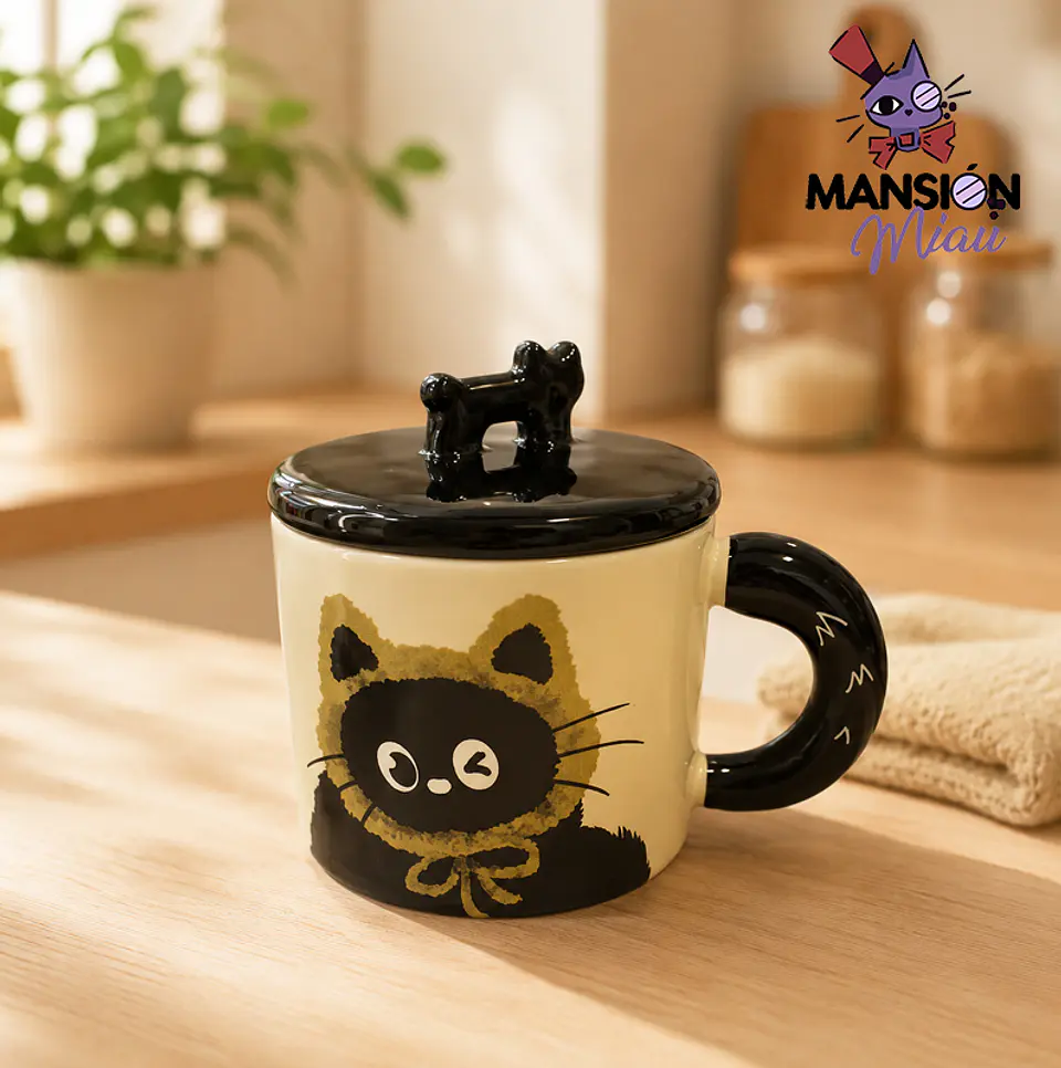 TAZA DE CERAMICA GATO NEGRO CON TAPA  4