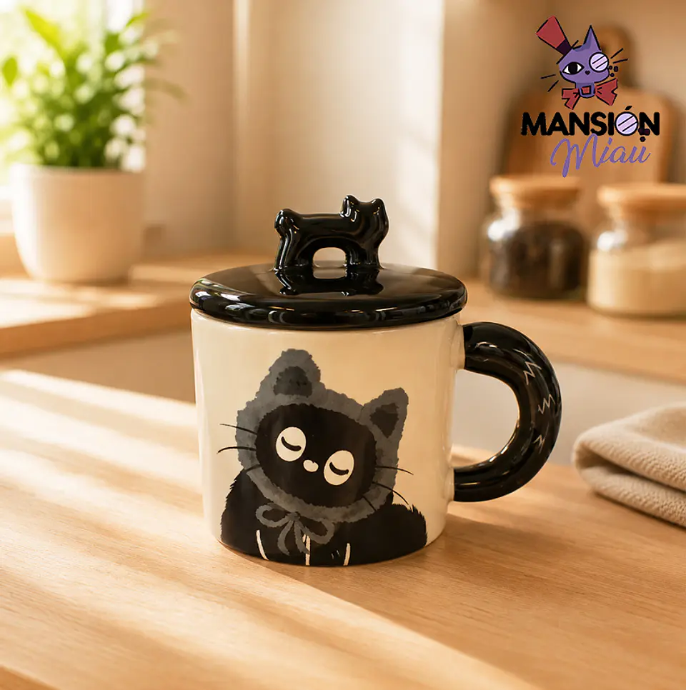 TAZA DE CERAMICA GATO NEGRO CON TAPA  5