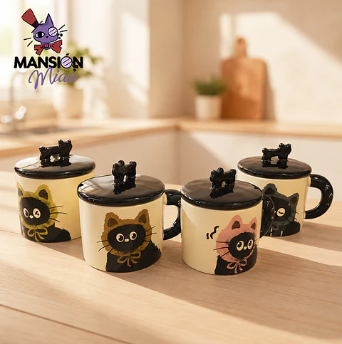 TAZA DE CERAMICA GATO NEGRO CON TAPA 