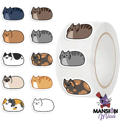 ROLLO 500 STICKERS GATITOS DE COLORES ILUSTRADOS