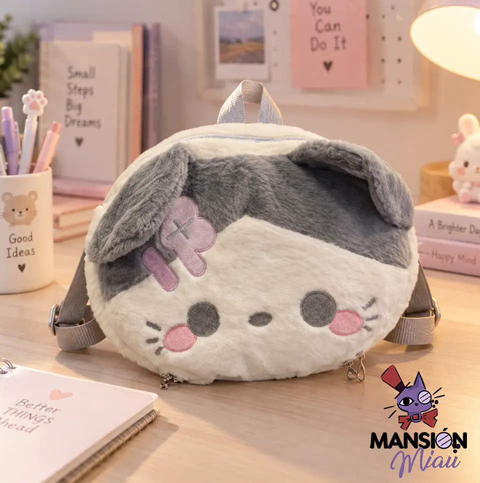 MOCHILA PELUCHE GATITO BLANCO CON GRIS 1