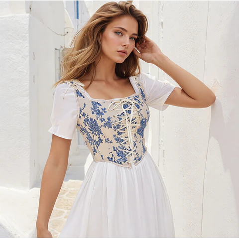 Sewing pattern for a cottagecore style corset top. Women's top pattern in PDF format