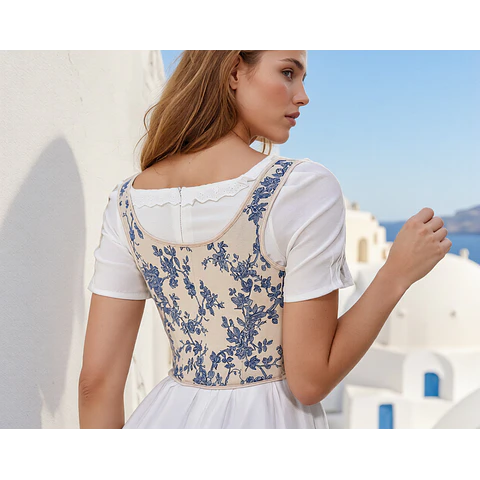 Sewing pattern for a cottagecore style corset top. Women's top pattern in PDF format