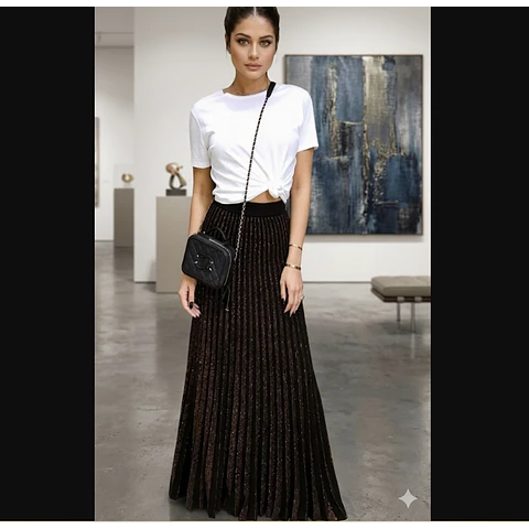 Molde Digital Falda Larga Plisada Con cintura, Talles S Al Xxl