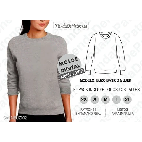 Moldes Patrones Polerón Cuello Redondo Mujer Talle Del Xs Al Xl