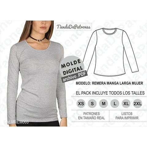 Moldes Patrones Polera Manga Larga Mujer Talle Xs Al 2xl