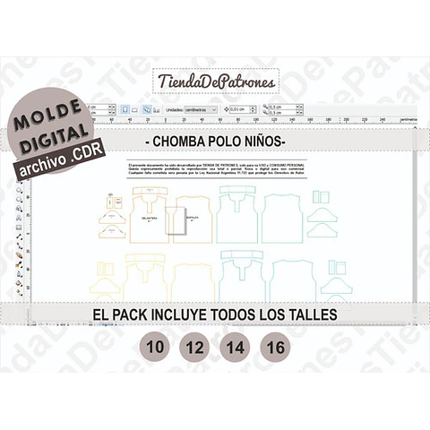 Molde Patron Coreldraw polera Polo Niños Talles Del 10 Al 16