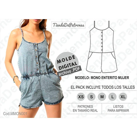 Molde Patron Imprimible Mono Enterito Mujer Talles Xs Al Xl