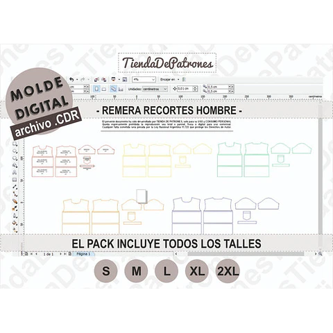 Molde Patrón Coreldraw Remera Recortes Hombre Del S Al 2xl