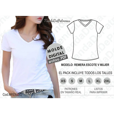 Molde Imprimible Remera Escote V Mujer Talles Del Xs Al 2xl
