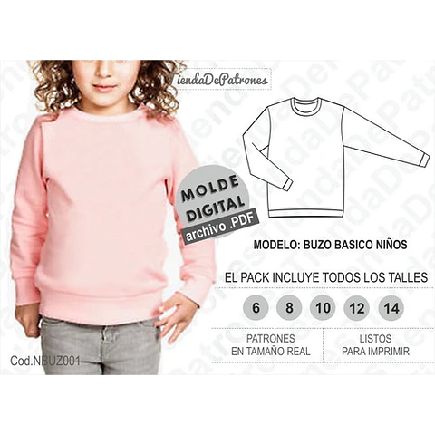 Molde Patron Imprimible Polerón Basico Niños Talles6/8/10/12/14