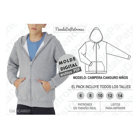 Molde Patron Imprimible Chaqueta Canguro Niños Talles 6 Al 14