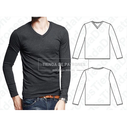 Molde Coreldraw Remera Hombre Manga Larga Escote V S Al 3xl