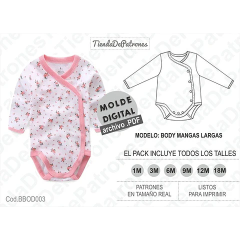 Molde Patron Imprimible Body Mangas Largas Talles 1m A 18m