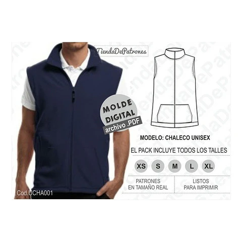Molde Patron Imprimible Chaleco Unisex Talles Del Xs Al Xl