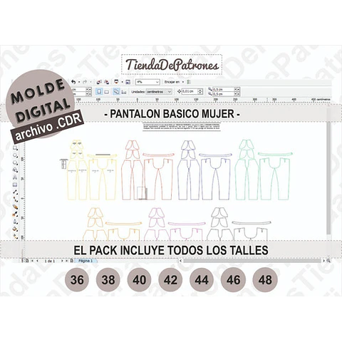 Molde Patron Coreldraw Pantalon Basico Mujer Del 36 Al 48