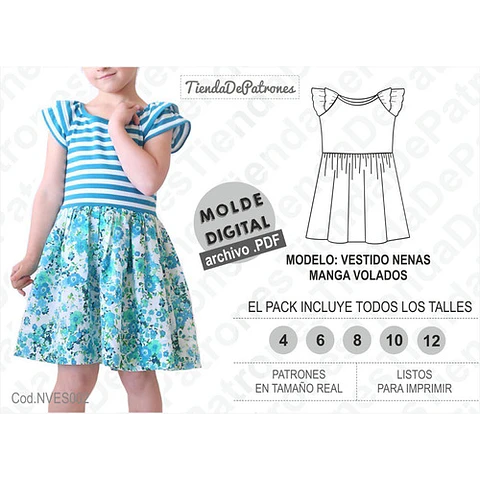 Molde Patron Imprimible Vestido Nena Manga Volados T.4 Al 12