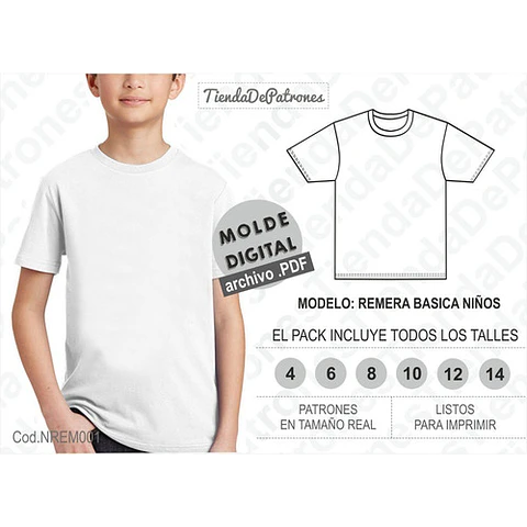Molde Imprimible Polera Basica Niños Talles 4/6/8/10/12/14