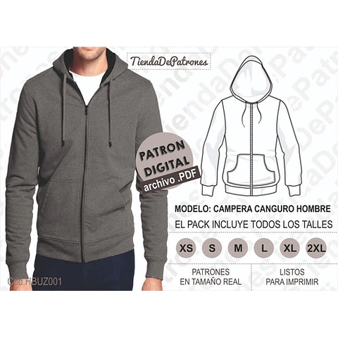 Molde Patrón Imprimible Polerón Canguro Hombre Del Xs Al 2xl