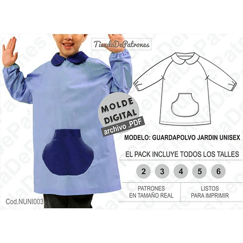 Molde Patron Imprimible Guardapolvo Jardin Ranglan 2/3/4/5/6