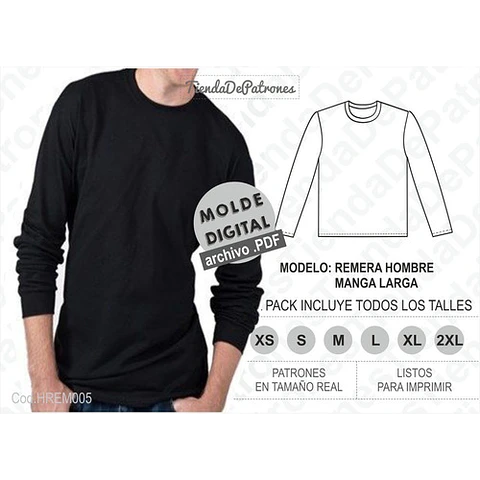 Molde Patron Imprimible Remera Manga Larga Hombre Xs Al 2xl