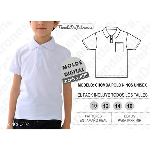 Molde Imprimible Chomba Niños Unisex Talles 10/12/14/16