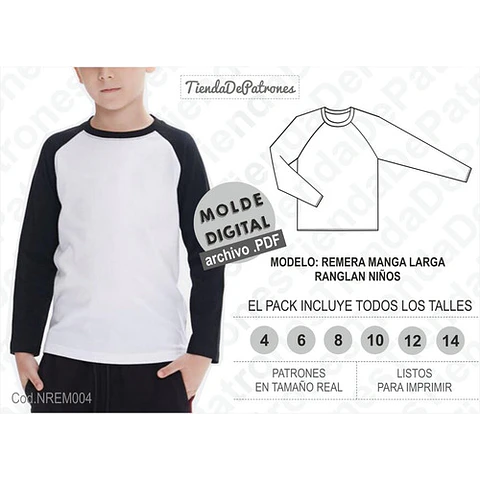 Moldes Patrones Remera Manga Ranglan Larga Niños Talles 4a14