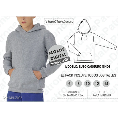 Molde Patron Imprimible Buzo Canguro Niños Talles Del 6al14