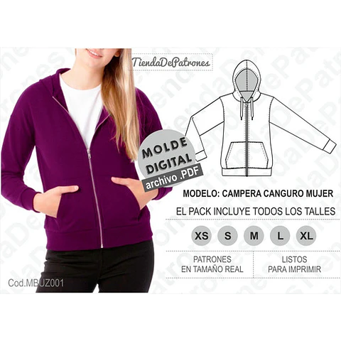 Molde Patron Imprimible Buzo Canguro Mujer Talles Xs Al Xl