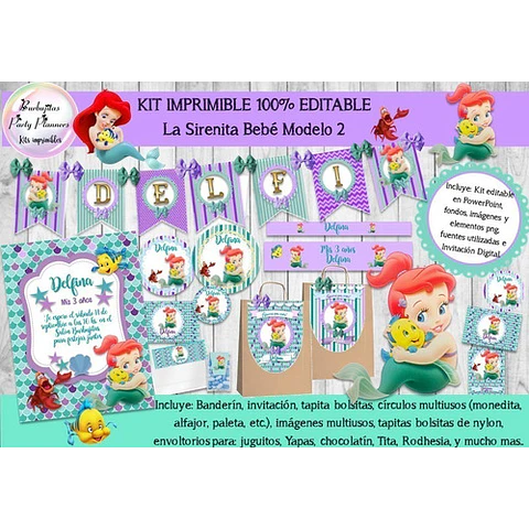Kit Imprimible Candy Bar La Sirenita Bebe 2 100% Editable