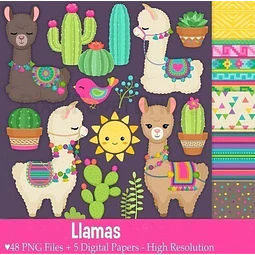 Kit Imprimible Llamas 1 - 58 Imagenes Png - 5 Fondos