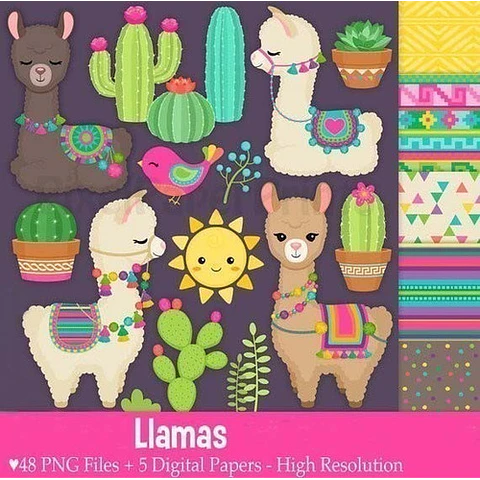Kit Imprimible Llamas 1 - 58 Imagenes Png - 5 Fondos