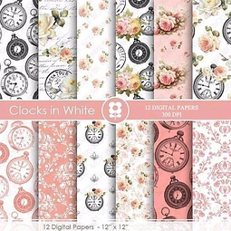 Kit Imprimible Vintage Clocks In White 12 Fondos