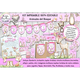 Kit Imprimible Animales Del Bosque Rosa 100% Editable