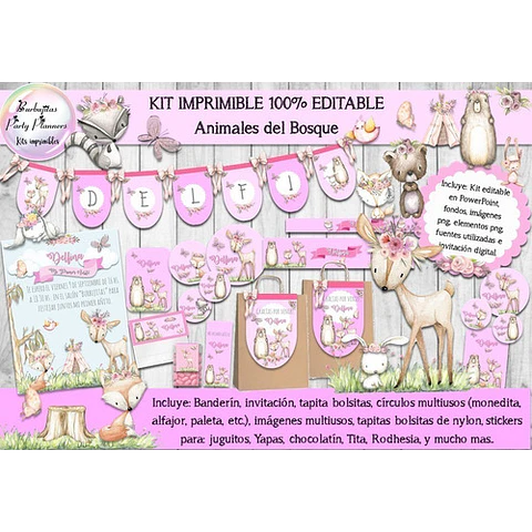 Kit Imprimible Animales Del Bosque Rosa 100% Editable